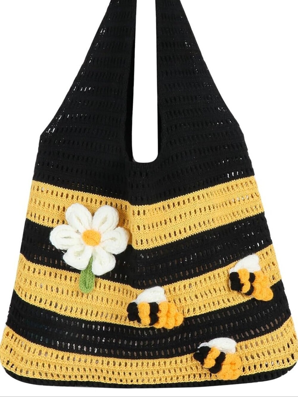 Crochet Black & Yellow Tote Bag with Flower Accent